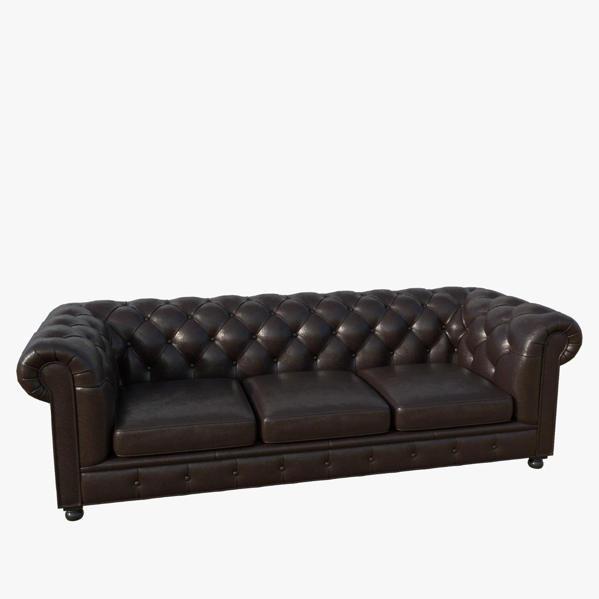 Photoreal 3D render of a tufted brown leather Chesterfield sofa
