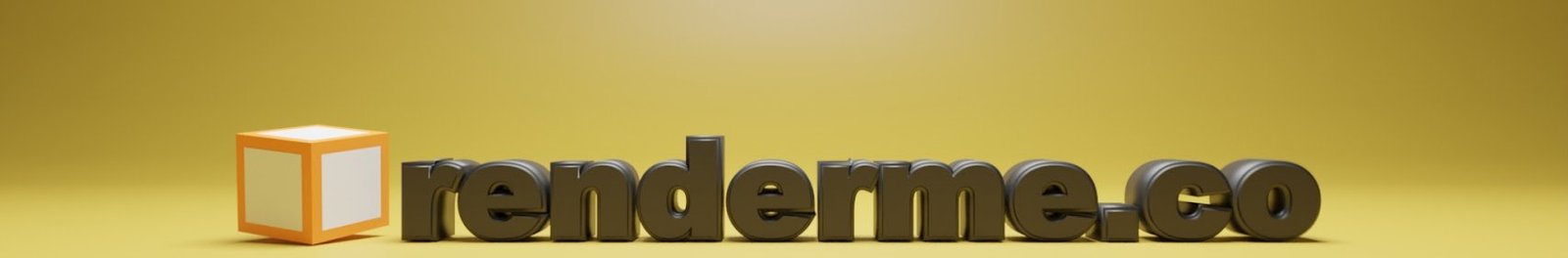 3D render of the renderme.co logo with an orange cube on a yellow background
