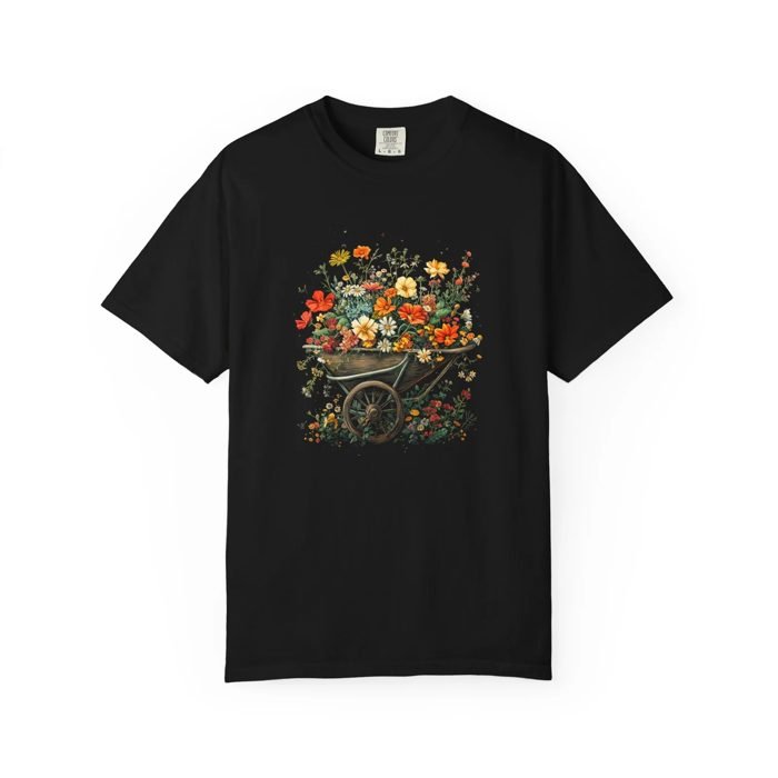 Black tee with a flower-filled wheelbarrow illustration